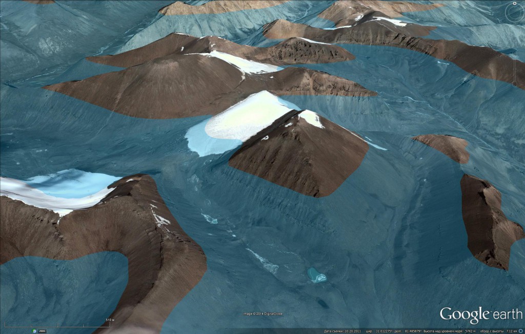 Спутниковое изображение пирамидоподобного образования. Синий фон – уровень 5800 м