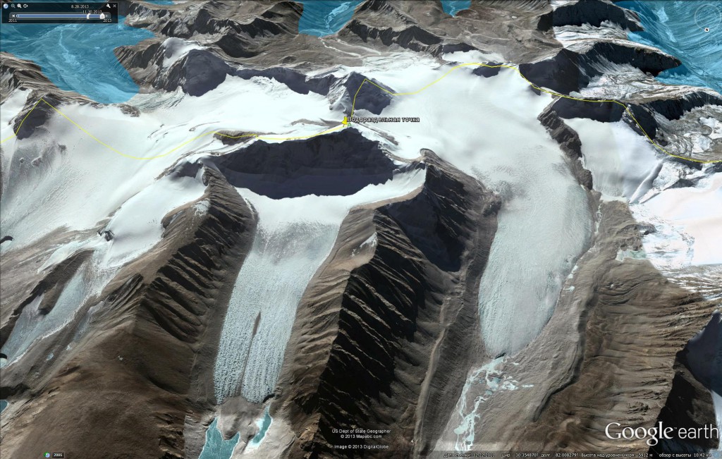 Спутниковое изображение водораздельной точки – горы Канглунг Кангри (6,235 м) с северного направления